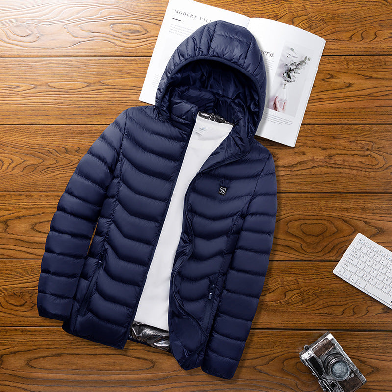 Premium Women's Heated Jacket with Adjustable Heat in navy blue color, showcasing detachable hood and zippered pockets.