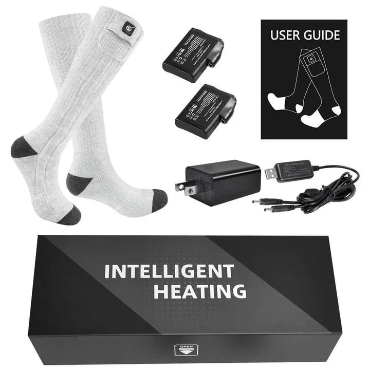 Savior Heated Socks with rechargeable batteries, charger, and user guide for intelligent heating.