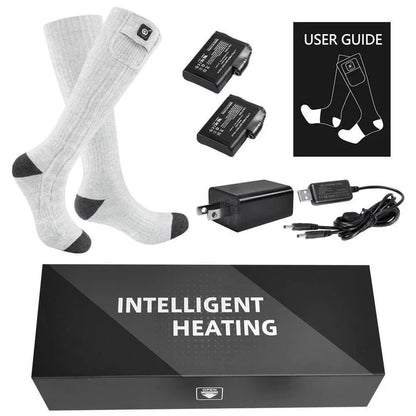 Savior Heated Socks with rechargeable batteries, charger, and user guide for intelligent heating.