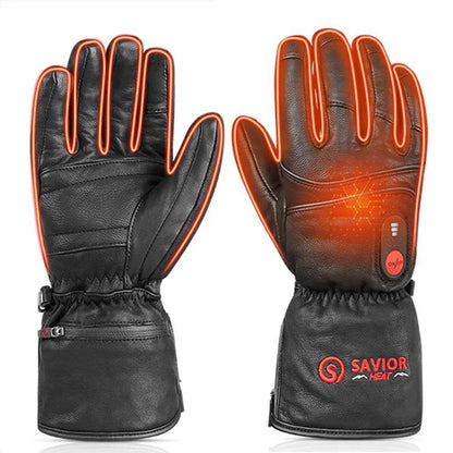 Savior Heated Leather Gloves featuring battery-powered heating elements for warmth and comfort in cold conditions.