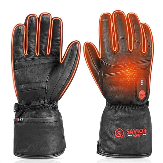 Savior Heated Leather Gloves featuring battery-powered heating elements for warmth and comfort in cold conditions.