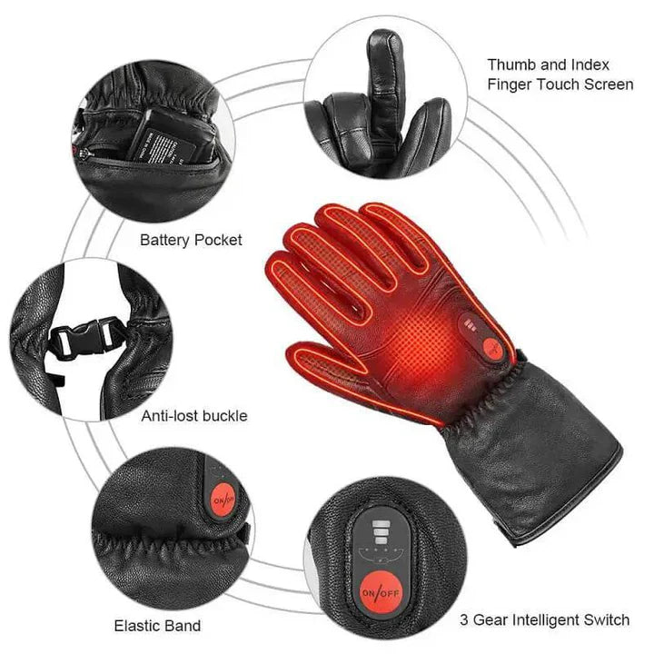 Savior Heated Leather Gloves design showing battery pocket, touchscreen fingers, and three gear intelligent switch.