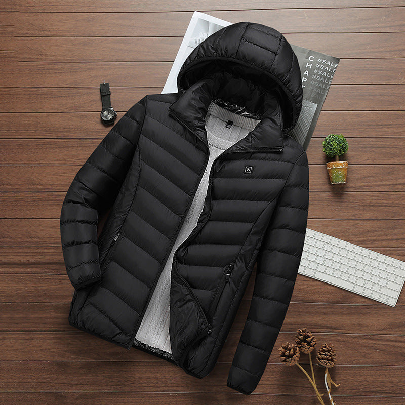 Premium Women's Heated Jacket with Adjustable Heat displayed on a wooden table.