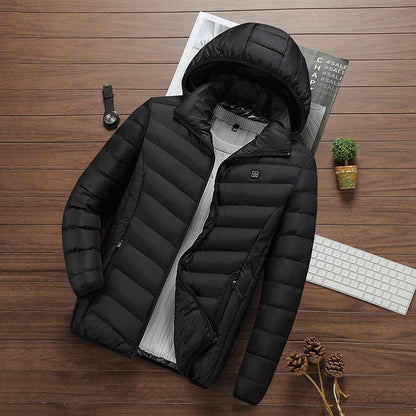 Premium Women's Heated Jacket with Adjustable Heat displayed on a wooden table.