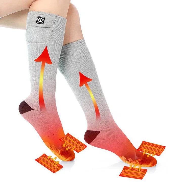 Savior Heated Socks with heat indicators and arrows showing warmth distribution for ultimate comfort and performance.