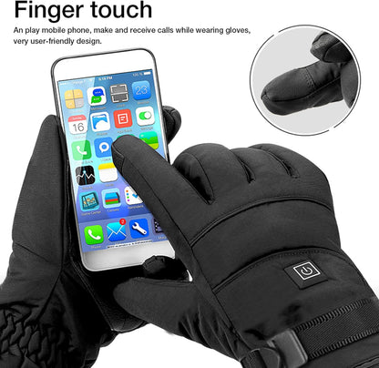 Woman using Women's Heated Jacket gloves to operate a smartphone touchscreen with ease.