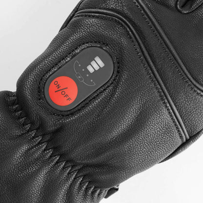Savior Heated Leather Gloves on/off button detail showing the heating control for ultimate warmth.