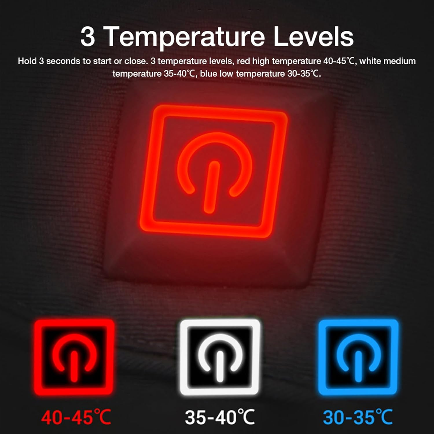 Women's Heated Jacket control panel showing 3 temperature levels for adjustable warmth.