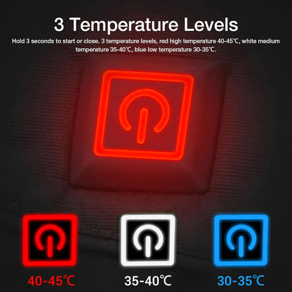 Women's Heated Jacket control panel showing 3 temperature levels for adjustable warmth.