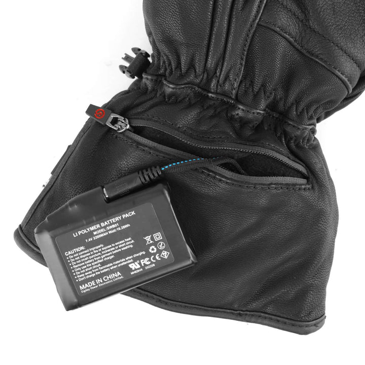  Savior Heated Leather Gloves showcasing a black leather design with a comfortable fit and flexible fingers.