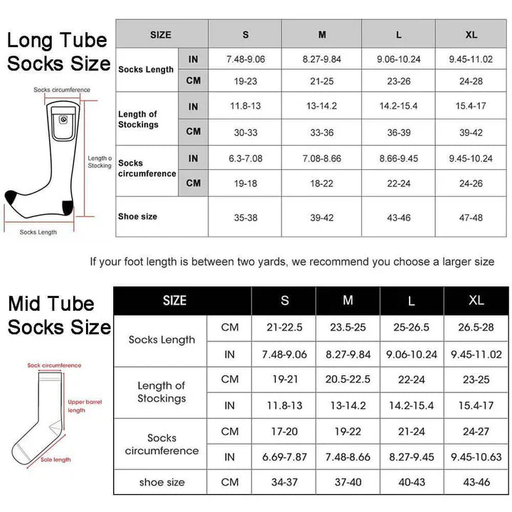 Savior Heated Socks size chart for long tube and mid tube socks, displaying measurements and sizes.