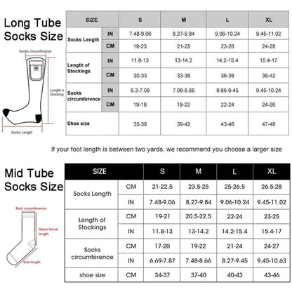 Savior Heated Socks size chart for long tube and mid tube socks, displaying measurements and sizes.