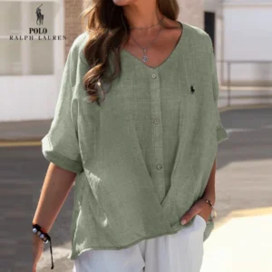 Chemise en lin à col en V et volant pour femme Ralph Lauren