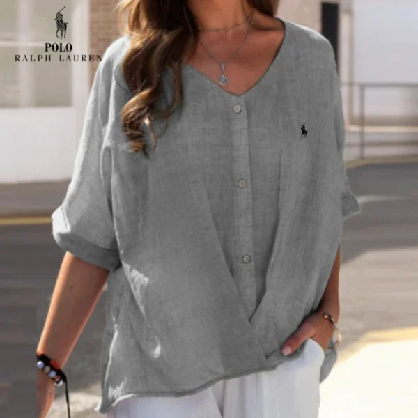 Chemise en lin à col en V et volant pour femme Ralph Lauren – Image 2