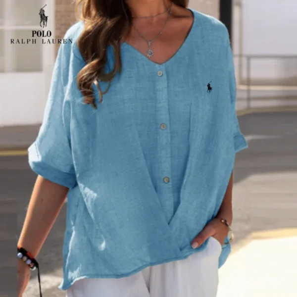 Chemise en lin à col en V et volant pour femme Ralph Lauren – Image 6